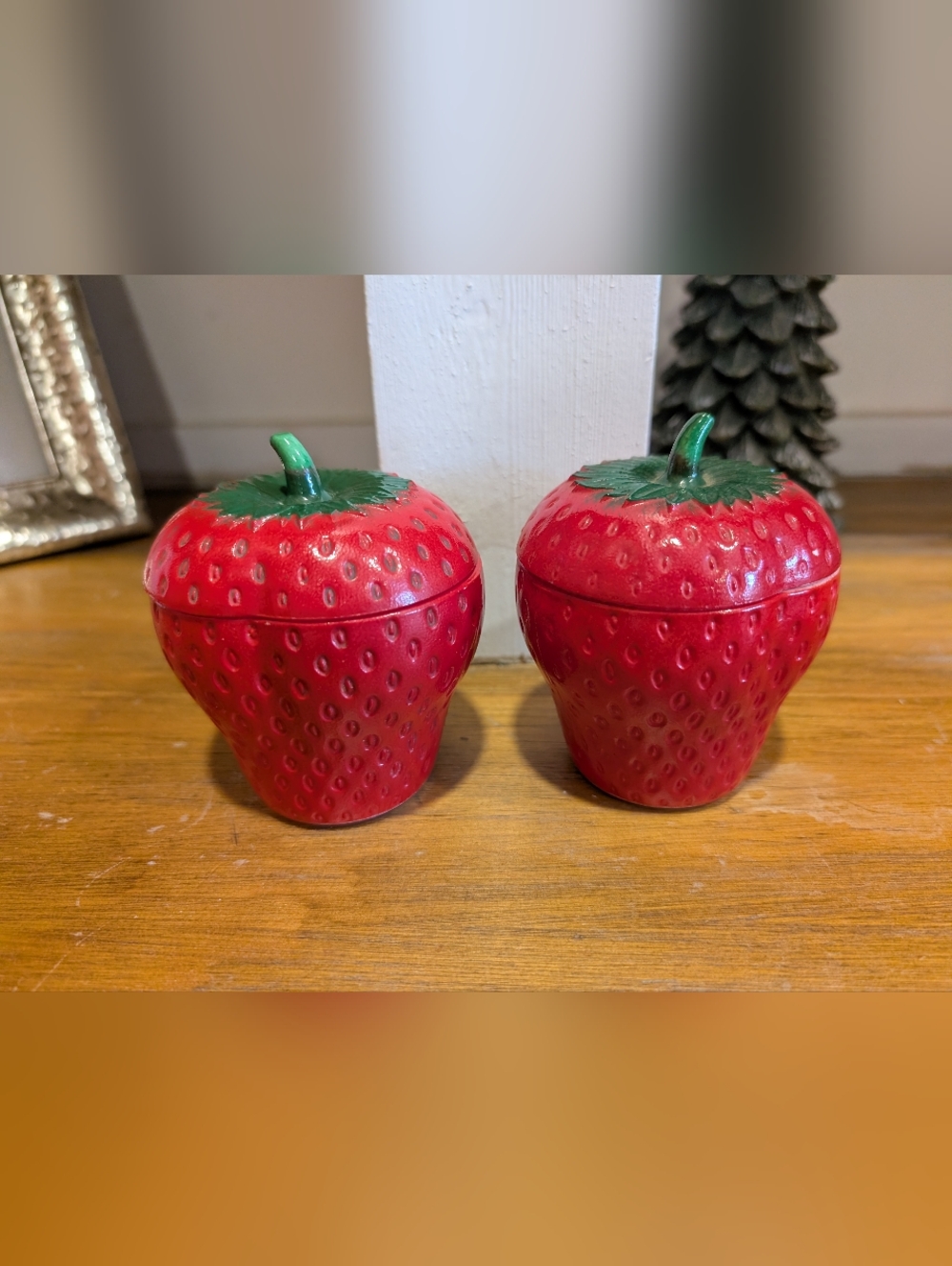 Vintage Pair Milk Glass Red Strawberries Jam Sugar Bowl Kitchen Kitsch
